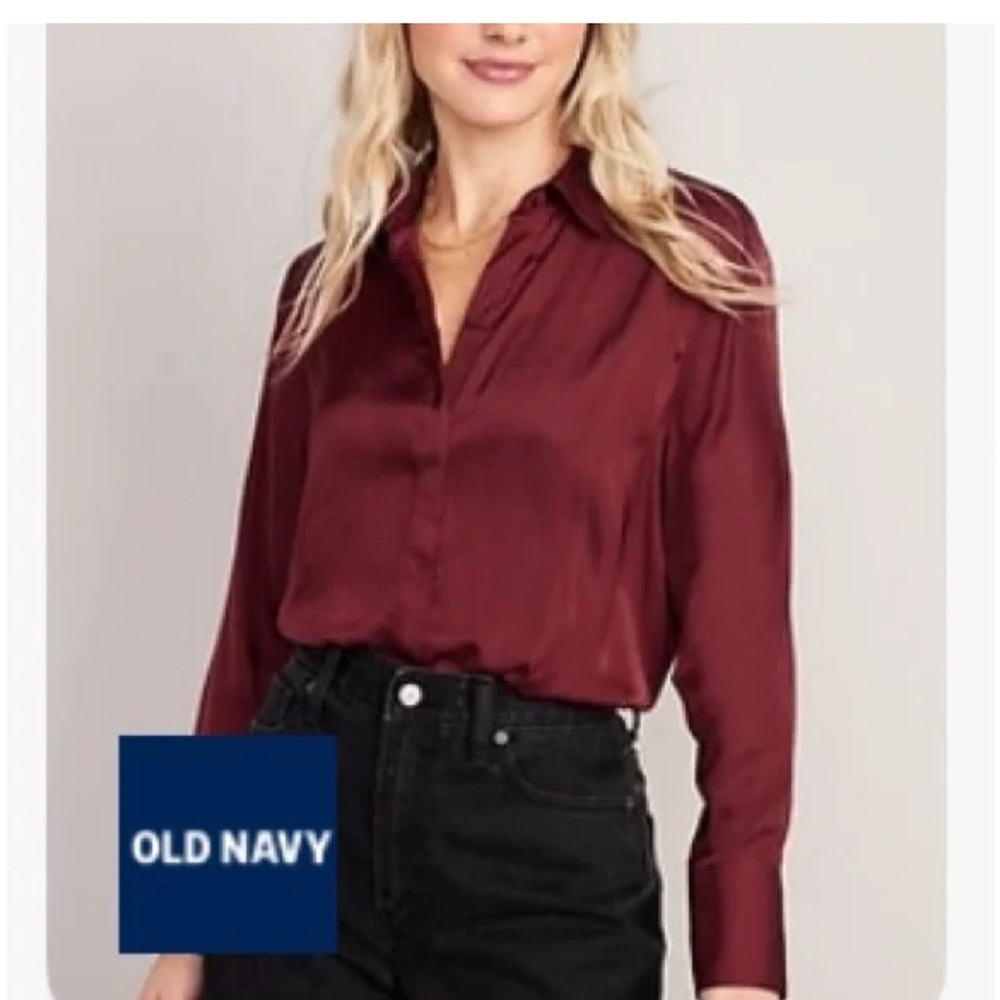 Old Navy Red Satin Long Sleeve Button Down Shirt